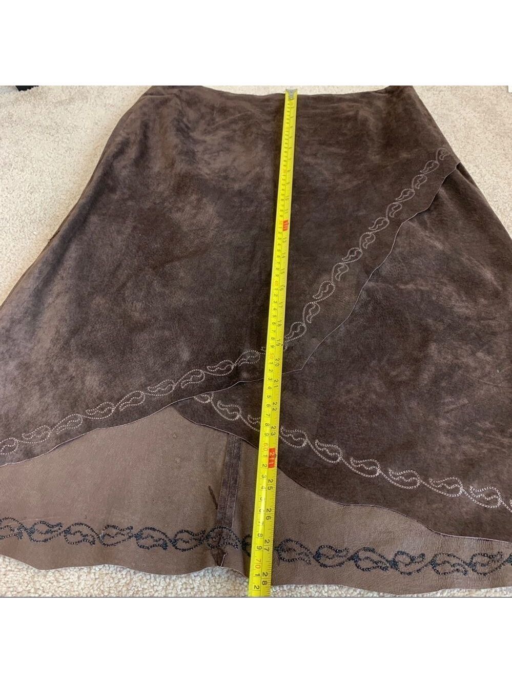 DANIER Leather chocolate brown suede High low asymmetrical embroidered hem skirt - Picture 10 of 11